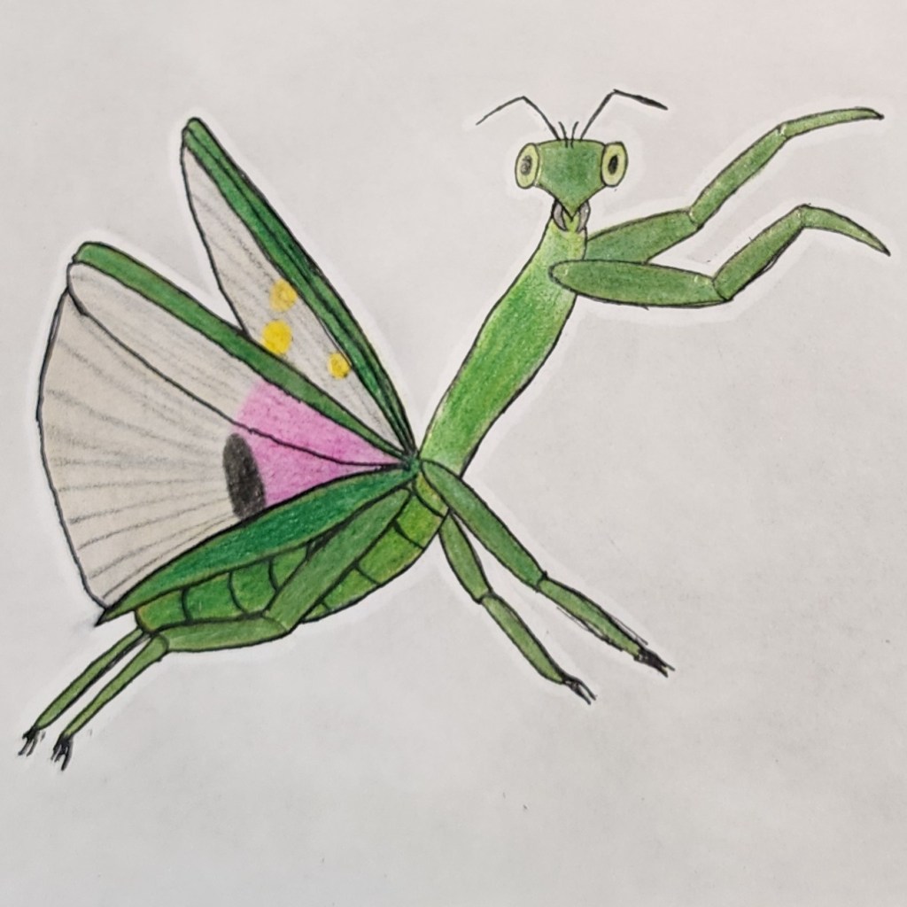 A colorful illustration of a green mantis with butterfly-like wings, featuring vibrant patterns in pink, purple, and yellow.