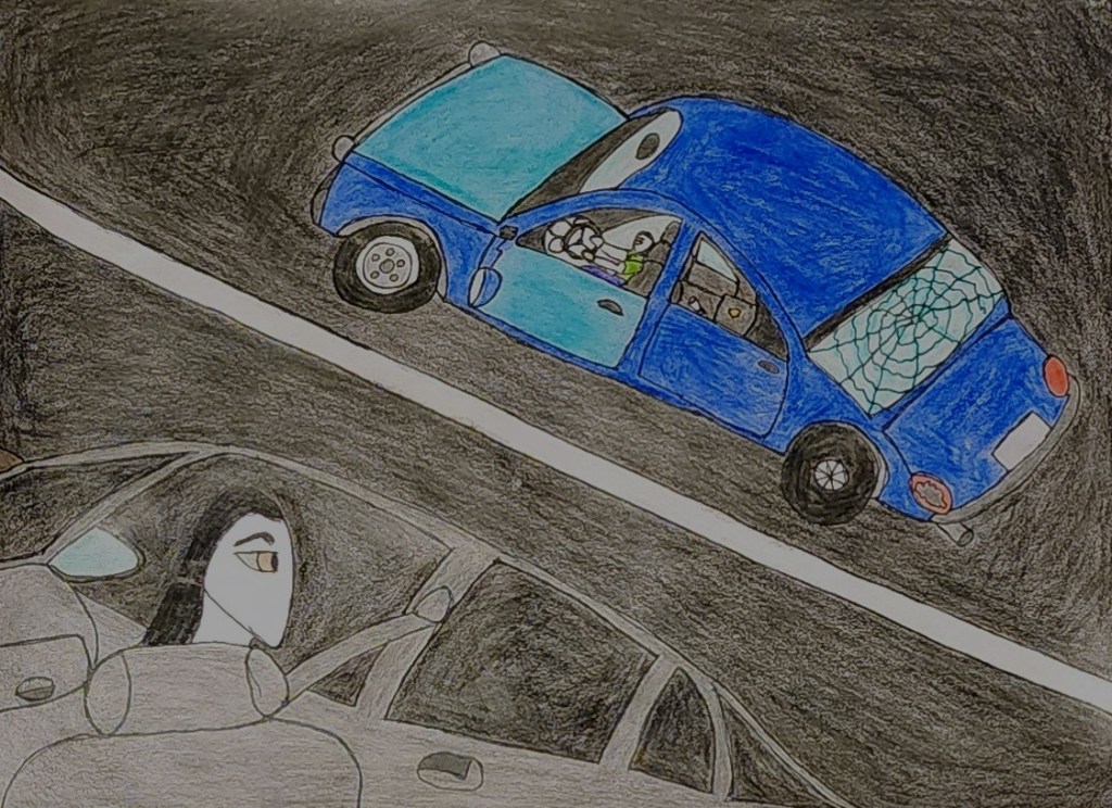 A blue cartoon car with a cracked back window driving on a road, viewed from a nearby vehicle with a character inside looking towards it.