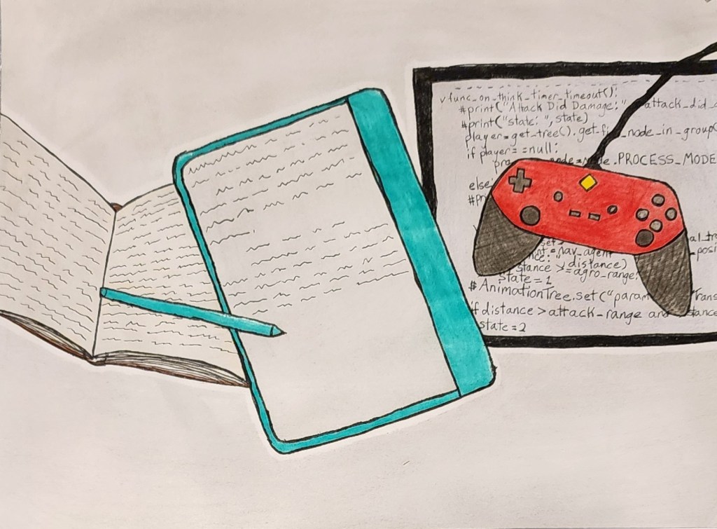 An open notebook with a pencil, a digital tablet with a turquoise border, and a red video game controller placed on top of a sheet of code.
